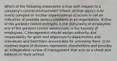 Which of the following statements is true with respect to a company's control environment? (Check all that apply.) A.An overly complex or unclear organizational structure is not an indication of possible serious problems in an organization. B.One of the greatest control strengths is the dishonesty of employees; one of the greatest control weaknesses is the honesty of employees. C.Management should assign authority and responsibility for goals and objectives to departments and individuals and hold them accountable for achieving them. D.An involved board of directors represents shareholders and provides an independent review of management that acts as a check and balance on their actions.