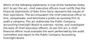 Which of the following statements is true of the Sarbanes-Oxley Act? As per the act, chief executive officers must certify that the financial statements of their firms fairly represent the results of their operations. The act empowers the chief executive officer to hire, compensate, and terminate a public accounting firm to audit a company. The act authorizes the Public Company Accounting Oversight Board to oversee, review, and investigate the work of chief executive officers. As per the act, a chief financial officer must evaluate the work performed by the audit committee and report to the Public Company Accounting Oversight Board.