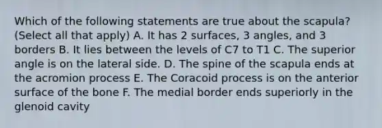 Which of the following statements are true about the scapula? (Select all that apply) A. It has 2 surfaces, 3 angles, and 3 borders B. It lies between the levels of C7 to T1 C. The superior angle is on the lateral side. D. The spine of the scapula ends at the acromion process E. The Coracoid process is on the anterior surface of the bone F. The medial border ends superiorly in the glenoid cavity