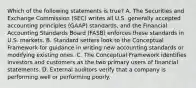 Which of the following statements is true? A. The Securities and Exchange Commission (SEC) writes all U.S. generally accepted accounting principles (GAAP) standards, and the Financial Accounting Standards Board (FASB) enforces these standards in U.S. markets. B. Standard setters look to the Conceptual Framework for guidance in writing new accounting standards or modifying existing ones. C. The Conceptual Framework identifies investors and customers as the two primary users of financial statements. D. External auditors verify that a company is performing well or performing poorly.