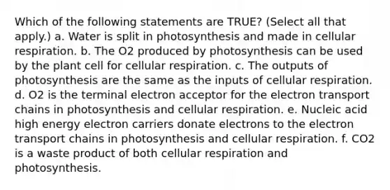 Which of the following statements are TRUE? (Select all that apply.) a. Water is split in photosynthesis and made in <a href='https://www.questionai.com/knowledge/k1IqNYBAJw-cellular-respiration' class='anchor-knowledge'>cellular respiration</a>. b. The O2 produced by photosynthesis can be used by the plant cell for cellular respiration. c. The outputs of photosynthesis are the same as the inputs of cellular respiration. d. O2 is the terminal electron acceptor for <a href='https://www.questionai.com/knowledge/k57oGBr0HP-the-electron-transport-chain' class='anchor-knowledge'>the electron transport chain</a>s in photosynthesis and cellular respiration. e. Nucleic acid high energy electron carriers donate electrons to the electron transport chains in photosynthesis and cellular respiration. f. CO2 is a waste product of both cellular respiration and photosynthesis.