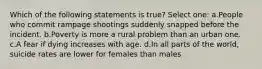 Which of the following statements is true? Select one: a.People who commit rampage shootings suddenly snapped before the incident. b.Poverty is more a rural problem than an urban one. c.A fear if dying increases with age. d.In all parts of the world, suicide rates are lower for females than males