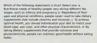 Which of the following statements is true? Select one: a. Nutritional needs of healthy people vary during different life stages, such as infancy and pregnancy. b. Regardless of their ages and physical conditions, people never need to take dietary supplements that include vitamins and minerals. c. To achieve optimal health, you should individualize your diet to match your blood type, eye color, and other physical characteristics. d. By taking dietary supplements that provide nutrients and phytochemicals, people can maintain good health without eating foods.