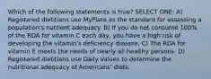 Which of the following statements is true? SELECT ONE: A) Registered dietitians use MyPlate as the standard for assessing a population's nutrient adequacy. B) If you do not consume 100% of the RDA for vitamin C each day, you have a high risk of developing the vitamin's deficiency disease. C) The RDA for vitamin E meets the needs of nearly all healthy persons. D) Registered dietitians use Daily Values to determine the nutritional adequacy of Americans' diets.