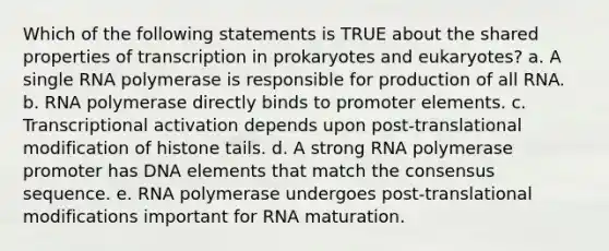 Which of the following statements is TRUE about the shared properties of transcription in prokaryotes and eukaryotes? a. A single RNA polymerase is responsible for production of all RNA. b. RNA polymerase directly binds to promoter elements. c. Transcriptional activation depends upon post-translational modification of histone tails. d. A strong RNA polymerase promoter has DNA elements that match the consensus sequence. e. RNA polymerase undergoes post-translational modifications important for RNA maturation.