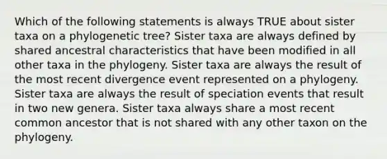 Which of the following statements is always TRUE about sister taxa on a phylogenetic tree? Sister taxa are always defined by shared ancestral characteristics that have been modified in all other taxa in the phylogeny. Sister taxa are always the result of the most recent divergence event represented on a phylogeny. Sister taxa are always the result of speciation events that result in two new genera. Sister taxa always share a most recent common ancestor that is not shared with any other taxon on the phylogeny.