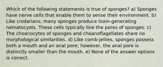 Which of the following statements is true of sponges? a) Sponges have nerve cells that enable them to sense their environment. b) Like cnidarians, many sponges produce toxin-generating nematocysts. These cells typically line the pores of sponges. c) The choanocytes of sponges and choanoflagellates share no morphological similarities. d) Like comb-jellies, sponges possess both a mouth and an anal pore; however, the anal pore is distinctly smaller than the mouth. e) None of the answer options is correct.