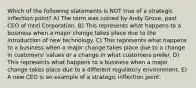 Which of the following statements is NOT true of a strategic inflection point? A) The term was coined by Andy Grove, past CEO of Intel Corporation. B) This represents what happens to a business when a major change takes place due to the introduction of new technology. C) This represents what happens to a business when a major change takes place due to a change in customers' values or a change in what customers prefer. D) This represents what happens to a business when a major change takes place due to a different regulatory environment. E) A new CEO is an example of a strategic inflection point.