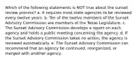 Which of the following statements is NOT true about the sunset review process? a. It requires most state agencies to be reviewed every twelve years. b. Ten of the twelve members of the Sunset Advisory Commission are members of the Texas Legislature. c. The Sunset Advisory Commission develops a report on each agency and holds a public meeting concerning the agency. d. If the Sunset Advisory Commission takes no action, the agency is renewed automatically. e. The Sunset Advisory Commission can recommend that an agency be continued, reorganized, or merged with another agency.