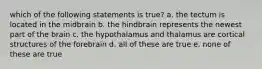 which of the following statements is true? a. the tectum is located in the midbrain b. the hindbrain represents the newest part of the brain c. the hypothalamus and thalamus are cortical structures of the forebrain d. all of these are true e. none of these are true