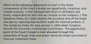 Which of the following statements is true? a The three components of the fraud triangle are opportunity, incentive, and market analysis. b The management team is ultimately and finally responsible for the internal controls of the company. c The Sarbanes-Oxley Act (SOX) attacks the incentive arm of the fraud triangle by requiring that auditors audit the internal controls. d The Sarbanes-Oxley Act was passed in 1934 when Congress formed the Securities e Exchange Commission. The opportunity point of the fraud triangle is best attacked through the imposition of tough fines and prison terms for those convicted of financial statement fraud.