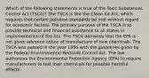 Which of the following statements is true of the Toxic Substances Control Act (TSCA)? The TSCA is like the Clean Air Act, which requires that certain pollution standards be met without regard for economic factors. The primary purpose of the TSCA is to provide technical and financial assistance to all states in implementation of the Act. The TSCA demands that the EPA is not given advance notice of manufacture of new chemicals. The TSCA was passed in the year 1950 with the guidelines given by the Federal Environmental Pesticide Control Act. The law authorizes the Environmental Protection Agency (EPA) to require manufacturers to test their chemicals for possible harmful effects.