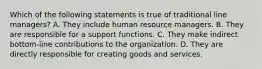 Which of the following statements is true of traditional line managers? A. They include human resource managers. B. They are responsible for a support functions. C. They make indirect bottom-line contributions to the organization. D. They are directly responsible for creating goods and services.