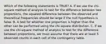 Which of the following statements is TRUE? A. If we use the chi-square method of analysis to test for the difference between two proportions, the squared difference between the observed and theoretical frequencies should be large if the null hypothesis is false. B. A test for whether one proportion is higher than the other can be performed using the chi-square distribution. C. If we use the chi-square method of analysis to test for the difference between proportions, we must assume that there are at least 5 observed counts in each cell of the contingency table.