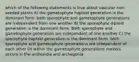 which of the following statements is true about vascular non-seeded plants A) the gametophyte haploid generation is the dominant form. both sporophyte and gametophyte generations are independent from one another B) the sporophyte diploid generation is the dominant form. Both sporophyte and gametophyte generation are independent of one another C) the sporophyte haploid generation is the dominant form. both sporophyte and gametophyte generations are independent of each other D) within the gametophyte generations meiosis occurs in the antheridia and archegonia