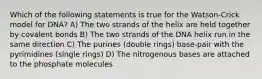 Which of the following statements is true for the Watson-Crick model for DNA? A) The two strands of the helix are held together by covalent bonds B) The two strands of the DNA helix run in the same direction C) The purines (double rings) base-pair with the pyrimidines (single rings) D) The nitrogenous bases are attached to the phosphate molecules