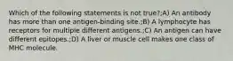 Which of the following statements is not true?;A) An antibody has more than one antigen-binding site.;B) A lymphocyte has receptors for multiple different antigens.;C) An antigen can have different epitopes.;D) A liver or muscle cell makes one class of MHC molecule.