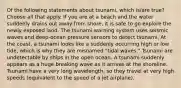 Of the following statements about tsunami, which is/are true? Choose all that apply. If you are at a beach and the water suddenly drains out away from shore, it is safe to go explore the newly exposed land. The tsunami warning system uses seismic waves and deep-ocean pressure sensors to detect tsunami. At the coast, a tsunami looks like a suddenly occurring high or low tide, which is why they are misnamed "tidal waves." Tsunami are undetectable by ships in the open ocean. A tsunami suddenly appears as a huge breaking wave as it arrives at the shoreline. Tsunami have a very long wavelength, so they travel at very high speeds (equivalent to the speed of a jet airplane).