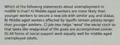 Which of the following statements about unemployment in midlife is true? A) Middle-aged workers are more likely than younger workers to secure a new job with similar pay and status. B) Middle-aged workers affected by layoffs remain jobless longer than younger workers. C) Job loss helps "wind" the social clock so that tasks like reappraisal of life goals are accomplished sooner. D) All forms of social support work equally well for middle-aged unemployed adults.