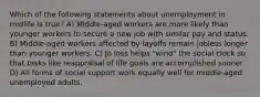 Which of the following statements about unemployment in midlife is true? A) Middle-aged workers are more likely than younger workers to secure a new job with similar pay and status. B) Middle-aged workers affected by layoffs remain jobless longer than younger workers. C) Jo loss helps "wind" the social clock so that tasks like reappraisal of life goals are accomplished sooner. D) All forms of social support work equally well for middle-aged unemployed adults.