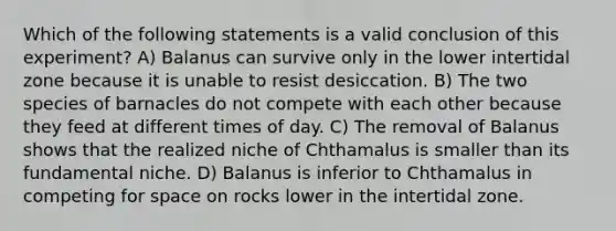 Which of the following statements is a valid conclusion of this experiment? A) Balanus can survive only in the lower intertidal zone because it is unable to resist desiccation. B) The two species of barnacles do not compete with each other because they feed at different times of day. C) The removal of Balanus shows that the realized niche of Chthamalus is smaller than its fundamental niche. D) Balanus is inferior to Chthamalus in competing for space on rocks lower in the intertidal zone.