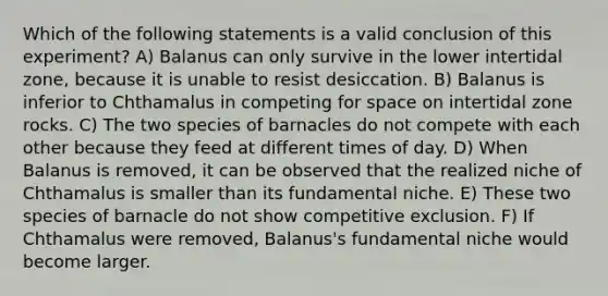 Which of the following statements is a valid conclusion of this experiment? A) Balanus can only survive in the lower intertidal zone, because it is unable to resist desiccation. B) Balanus is inferior to Chthamalus in competing for space on intertidal zone rocks. C) The two species of barnacles do not compete with each other because they feed at different times of day. D) When Balanus is removed, it can be observed that the realized niche of Chthamalus is smaller than its fundamental niche. E) These two species of barnacle do not show competitive exclusion. F) If Chthamalus were removed, Balanus's fundamental niche would become larger.