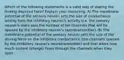 Which of the following statements is a valid way of stating the finding depicted here? Explain your reasoning. A) The membrane potential of the sensory neuron sets the size of conductance arising from the inhibitory neuron's activity (i.e. the sensory neuron's state sets the number of ion channels that will be opened by the inhibitory neuron's neurotransmitter). B) The membrane potential of the sensory neuron sets the size of the driving force on the inhibitory conductance (the channels opened by the inhibitory neuron's neurotransmitter) and that alters how much current (charge) flows through the channels when they open.