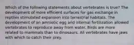 Which of the following statements about vertebrates is true? The development of more efficient surfaces for gas exchange in reptiles stimulated expansion into terrestrial habitats. The development of an amniotic egg and internal fertilization allowed vertebrates to reproduce away from water. Birds are more related to mammals than to dinosaurs. All vertebrates have jaws with which to catch their prey.