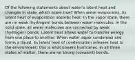 Of the following statements about water's latent heat and changes in state, which is/are true? When water evaporates, its latent heat of evaporation absorbs heat. In the vapor state, there are no weak (hydrogen) bonds between water molecules. In the solid state, all water molecules are connected by weak (hydrogen) bonds. Latent heat allows water to transfer energy from one place to another. When water vapor condenses and forms a liquid, its latent heat of condensation releases heat to the environment; this is what powers hurricanes. In all three states of matter, there are no strong (covalent) bonds.