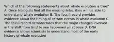 Which of the following statements about whale evolution is true? A. Once biologists find all the missing links, they will be able to understand whale evolution B. The fossil record provides evidence about the timing of certain events in whale evolution C. The fossil record demonstrates that the major changes involved in the shift from land to sea happened all at once D. DNA evidence allows scientists to understand most of the early history of whale evolution