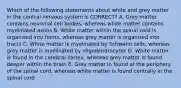 Which of the following statements about white and grey matter in the central nervous system is CORRECT? A. Grey matter contains neuronal cell bodies, whereas white matter contains myelinated axons B. White matter within the spinal cord is organised into horns, whereas grey matter is organised into tracts C. White matter is myelinated by Schwann cells, whereas grey matter is myelinated by oligodendrocytes D. White matter is found in the cerebral cortex, whereas grey matter is found deeper within the brain E. Grey matter in found at the periphery of the spinal cord, whereas white matter is found centrally in the spinal cord