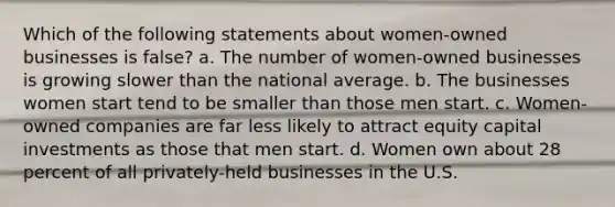 Which of the following statements about women-owned businesses is false? a. The number of women-owned businesses is growing slower than the national average. b. The businesses women start tend to be smaller than those men start. c. Women-owned companies are far less likely to attract equity capital investments as those that men start. d. Women own about 28 percent of all privately-held businesses in the U.S.