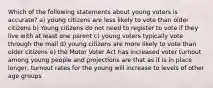 Which of the following statements about young voters is accurate? a) young citizens are less likely to vote than older citizens b) Young citizens do not need to register to vote if they live with at least one parent c) young voters typically vote through the mail d) young citizens are more likely to vote than older citizens e) the Motor Voter Act has increased voter turnout among young people and projections are that as it is in place longer, turnout rates for the young will increase to levels of other age groups