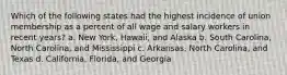 Which of the following states had the highest incidence of union membership as a percent of all wage and salary workers in recent years? a. New York, Hawaii, and Alaska b. South Carolina, North Carolina, and Mississippi c. Arkansas, North Carolina, and Texas d. California, Florida, and Georgia