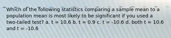 Which of the following statistics comparing a sample mean to a population mean is most likely to be significant if you used a two-tailed test? a. t = 10.6 b. t = 0.9 c. t = -10.6 d. both t = 10.6 and t = -10.6