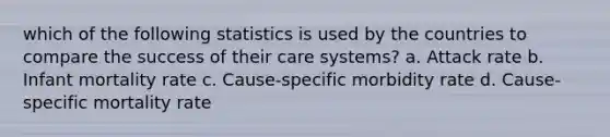 which of the following statistics is used by the countries to compare the success of their care systems? a. Attack rate b. Infant mortality rate c. Cause-specific morbidity rate d. Cause-specific mortality rate