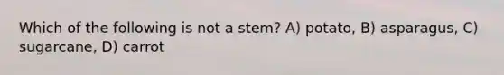 Which of the following is not a stem? A) potato, B) asparagus, C) sugarcane, D) carrot