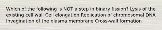 Which of the following is NOT a step in binary fission? Lysis of the existing cell wall Cell elongation Replication of chromosomal DNA Invagination of the plasma membrane Cross-wall formation