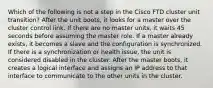 Which of the following is not a step in the Cisco FTD cluster unit transition? After the unit boots, it looks for a master over the cluster control link. If there are no master units, it waits 45 seconds before assuming the master role. If a master already exists, it becomes a slave and the configuration is synchronized. If there is a synchronization or health issue, the unit is considered disabled in the cluster. After the master boots, it creates a logical interface and assigns an IP address to that interface to communicate to the other units in the cluster.