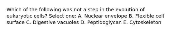 Which of the following was not a step in the evolution of eukaryotic cells? Select one: A. Nuclear envelope B. Flexible cell surface C. Digestive vacuoles D. Peptidoglycan E. Cytoskeleton