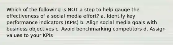 Which of the following is NOT a step to help gauge the effectiveness of a social media effort? a. Identify key performance indicators (KPIs) b. Align social media goals with business objectives c. Avoid benchmarking competitors d. Assign values to your KPIs