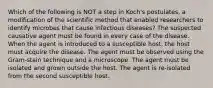 Which of the following is NOT a step in Koch's postulates, a modification of the scientific method that enabled researchers to identify microbes that cause infectious diseases? The suspected causative agent must be found in every case of the disease. When the agent is introduced to a susceptible host, the host must acquire the disease. The agent must be observed using the Gram-stain technique and a microscope. The agent must be isolated and grown outside the host. The agent is re-isolated from the second susceptible host.