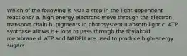 Which of the following is NOT a step in the light-dependent reactions? a. high-energy electrons move through the electron transport chain b. pigments in photosystem II absorb light c. ATP synthase allows H+ ions to pass through the thylakoid membrane d. ATP and NADPH are used to produce high-energy sugars