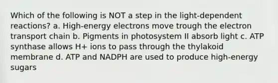 Which of the following is NOT a step in the light-dependent reactions? a. High-energy electrons move trough the electron transport chain b. Pigments in photosystem II absorb light c. ATP synthase allows H+ ions to pass through the thylakoid membrane d. ATP and NADPH are used to produce high-energy sugars