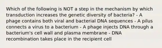 Which of the following is NOT a step in the mechanism by which transduction increases the genetic diversity of bacteria? - A phage contains both viral and bacterial DNA sequences - A pilus connects a virus to a bacterium - A phage injects DNA through a bacterium's cell wall and plasma membrane - DNA recombination takes place in the recipient cell