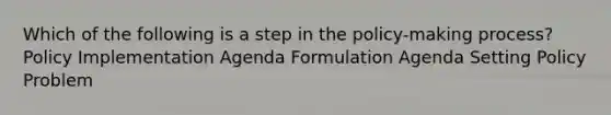 Which of the following is a step in the policy-making process? Policy Implementation Agenda Formulation Agenda Setting Policy Problem