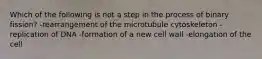 Which of the following is not a step in the process of binary fission? -rearrangement of the microtubule cytoskeleton -replication of DNA -formation of a new cell wall -elongation of the cell