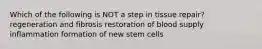 Which of the following is NOT a step in tissue repair? regeneration and fibrosis restoration of blood supply inflammation formation of new stem cells