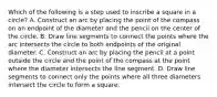 Which of the following is a step used to inscribe a square in a circle? A. Construct an arc by placing the point of the compass on an endpoint of the diameter and the pencil on the center of the circle. B. Draw line segments to connect the points where the arc intersects the circle to both endpoints of the original diameter. C. Construct an arc by placing the pencil at a point outside the circle and the point of the compass at the point where the diameter intersects the line segment. D. Draw line segments to connect only the points where all three diameters intersect the circle to form a square.