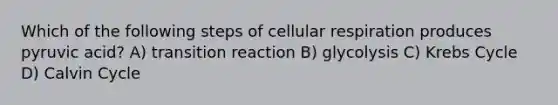 Which of the following steps of cellular respiration produces pyruvic acid? A) transition reaction B) glycolysis C) Krebs Cycle D) Calvin Cycle